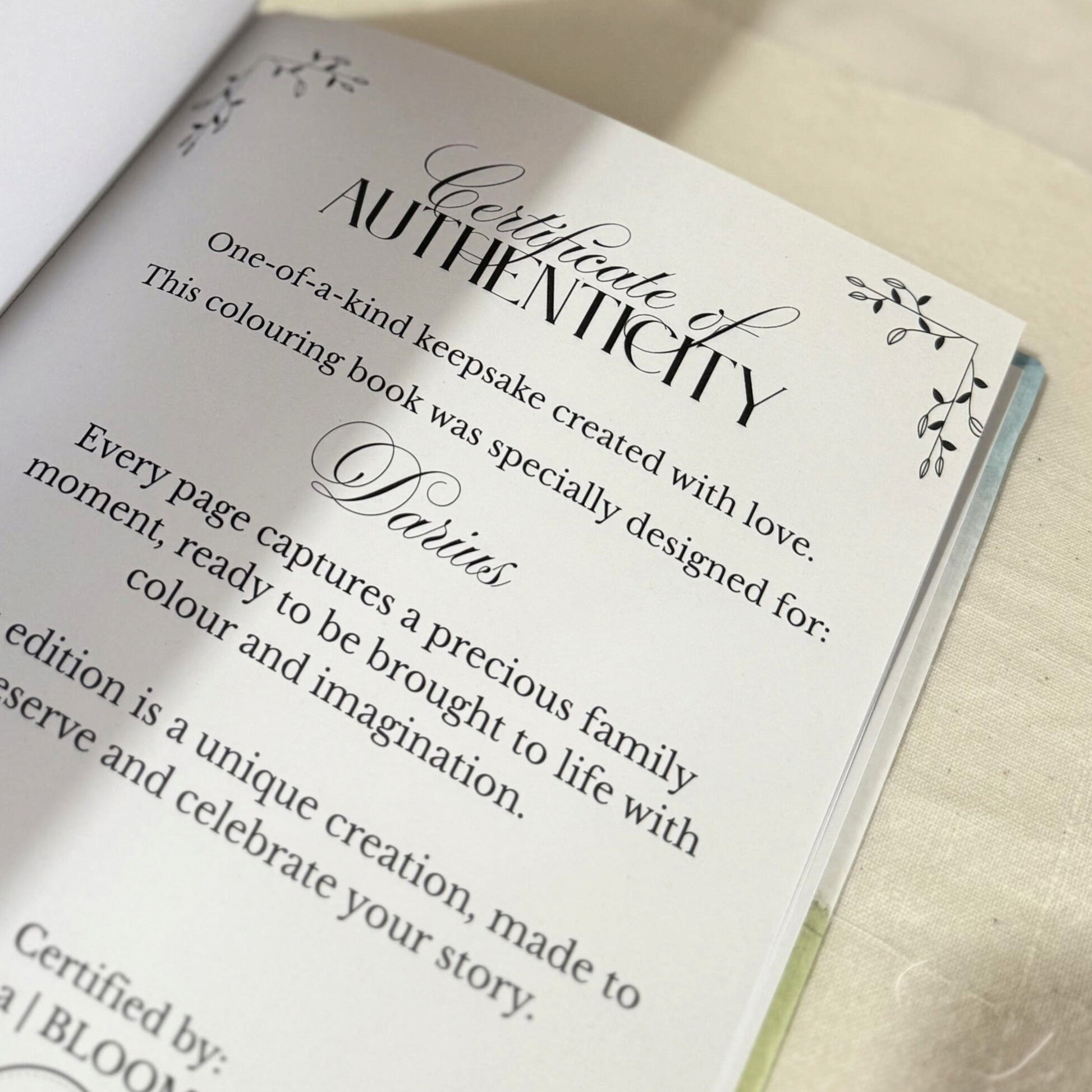 Personalised Certificate of Authenticity page, created with love to celebrate a unique family story. Signed by the creator, Marina | BLOOMTALE.