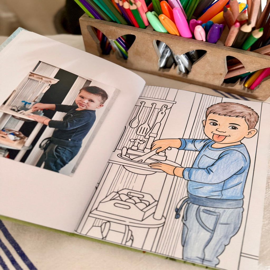 Side-by-side view of a real photo, its custom colouring page, and the coloured-in result — turning a precious memory into creative fun for kids.