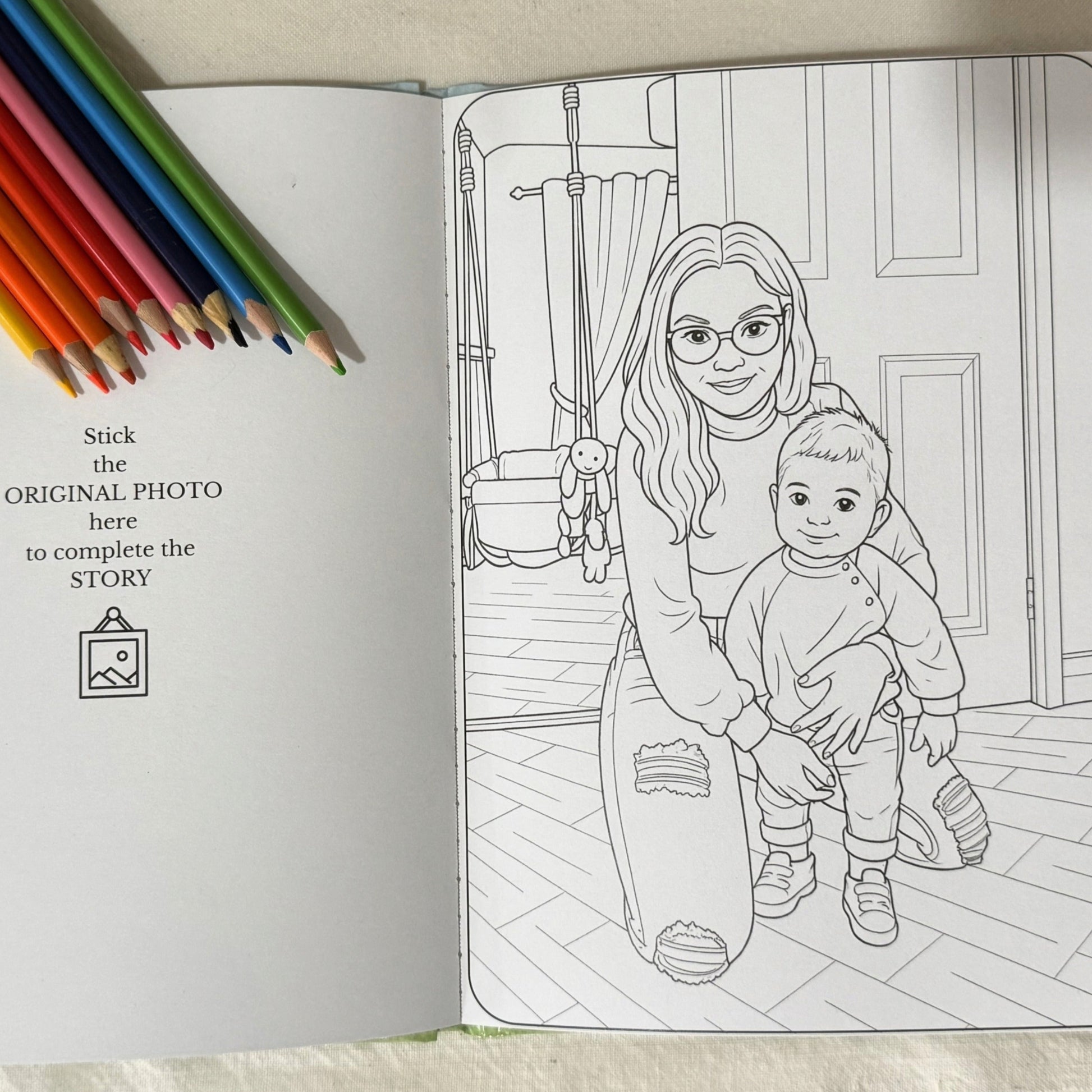 Custom colouring page created from a real family photo, with a space on the left to stick the original image — a unique way to preserve and celebrate your memories.