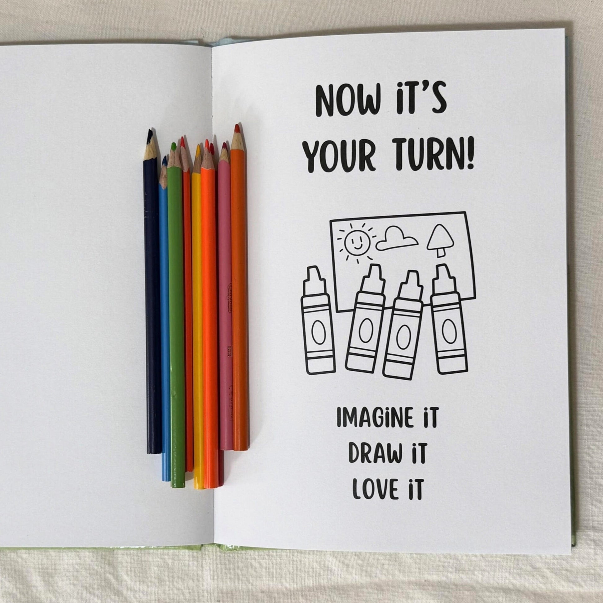 Creative drawing page with the message “Now it’s your turn!” – encouraging kids to imagine, draw, and express themselves freely.